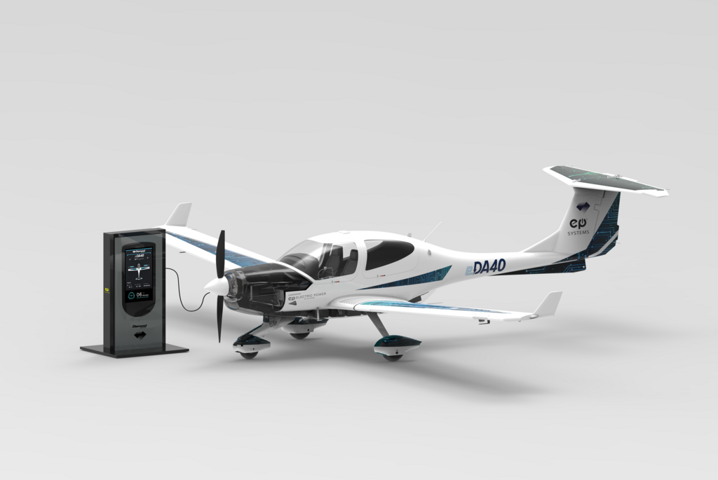 Rendering of the eDA40 aircraft and charging station. 
