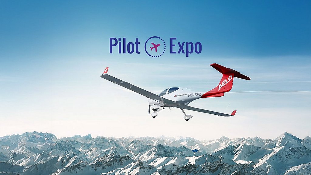 The scene captures a sleek plane soaring above snow-capped peaks, with the words 'Pilot Expo' prominently displayed above.