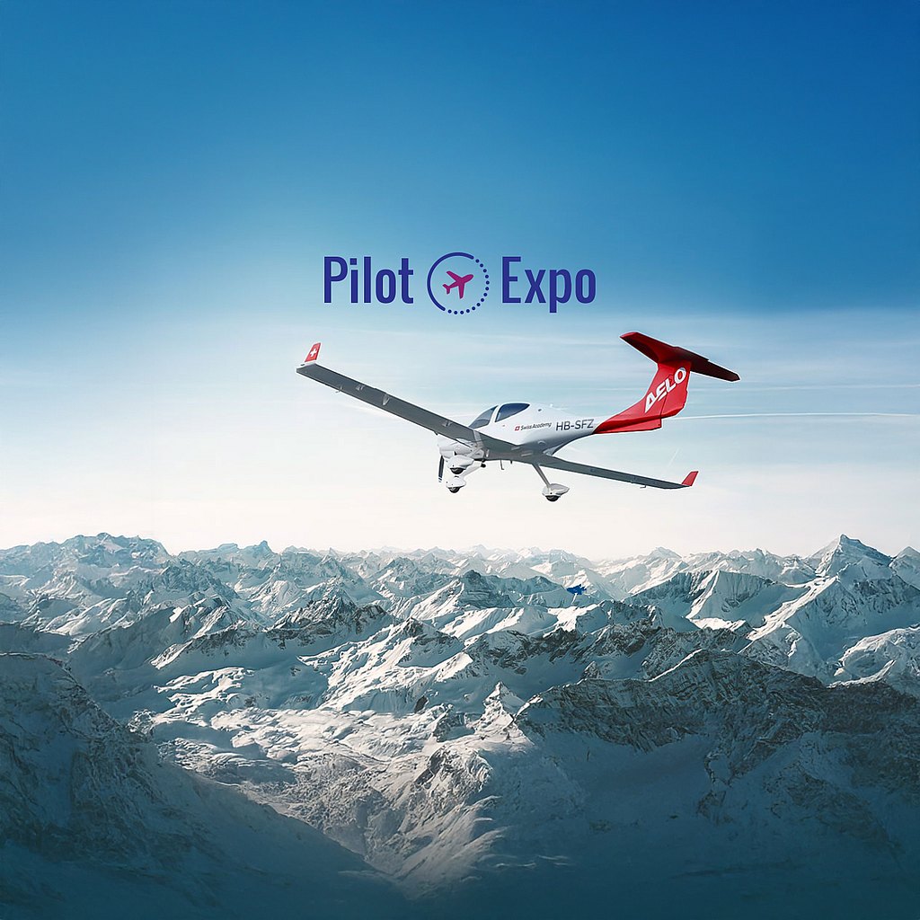 The scene captures a sleek plane soaring above snow-capped peaks, with the words 'Pilot Expo' prominently displayed above.