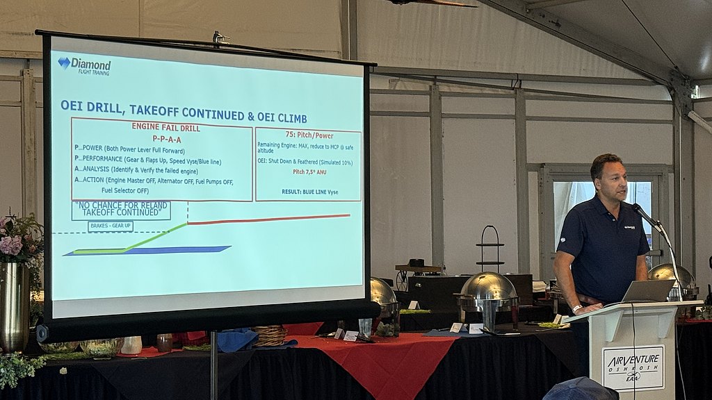 An instructor outlines the steps for handling engine failure in flight, using a projector to display essential guidelines.