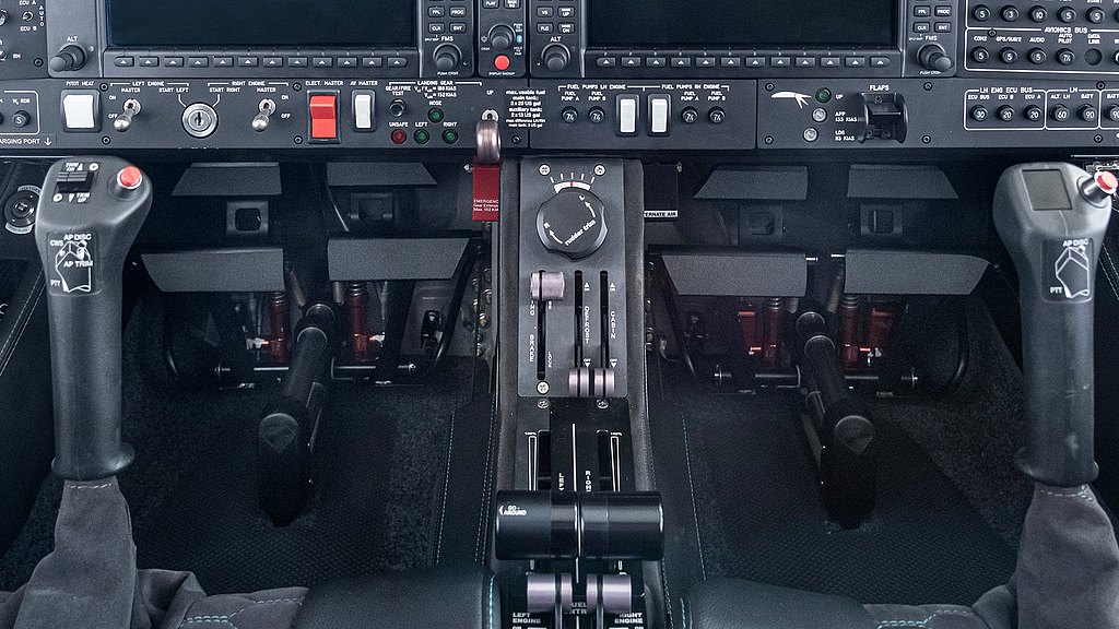 A close-up of the cockpit's control area, displaying throttle levers and rudder pedals, emphasizing pilot operation tools.