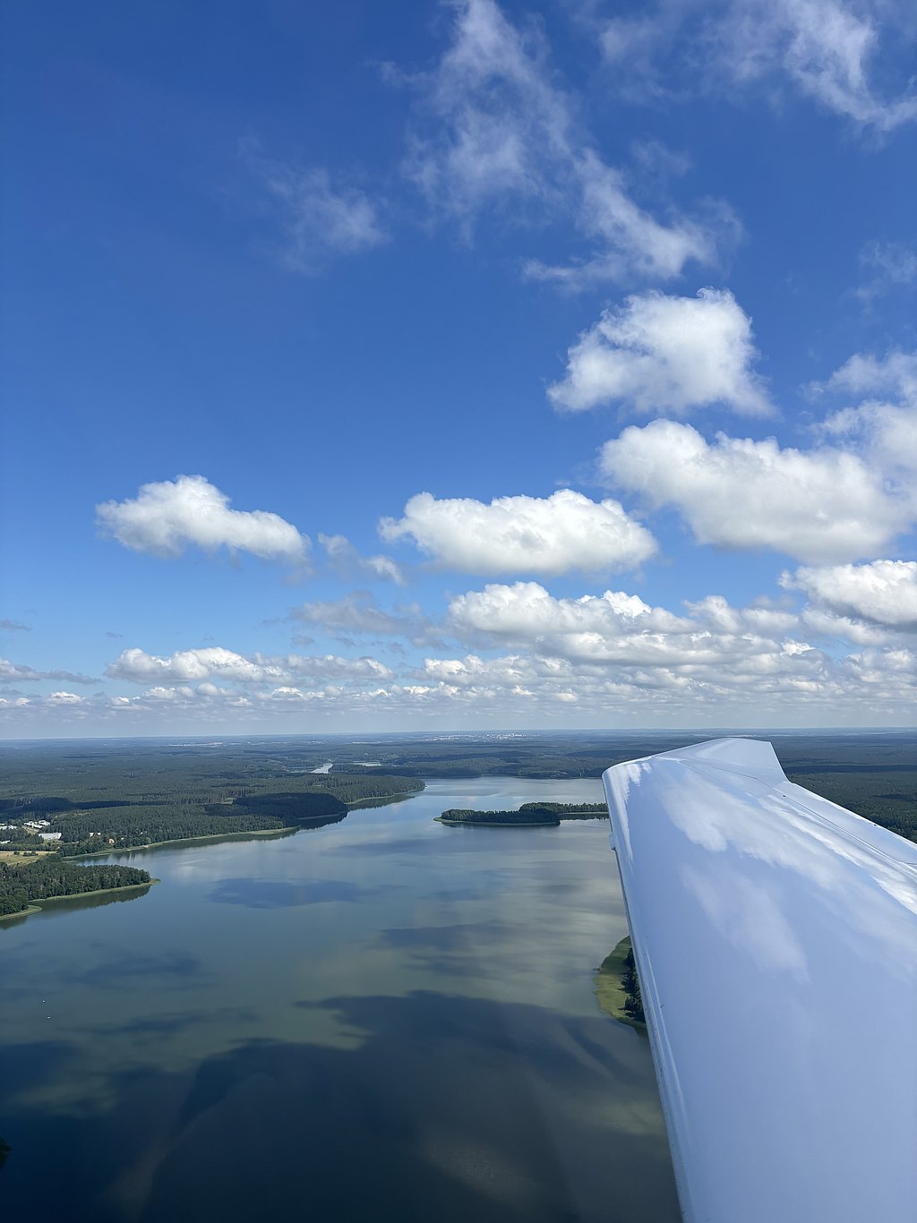 A serene aerial view capturing a landscape of lush green forests and a winding river reflecting the sky's vibrant blue.