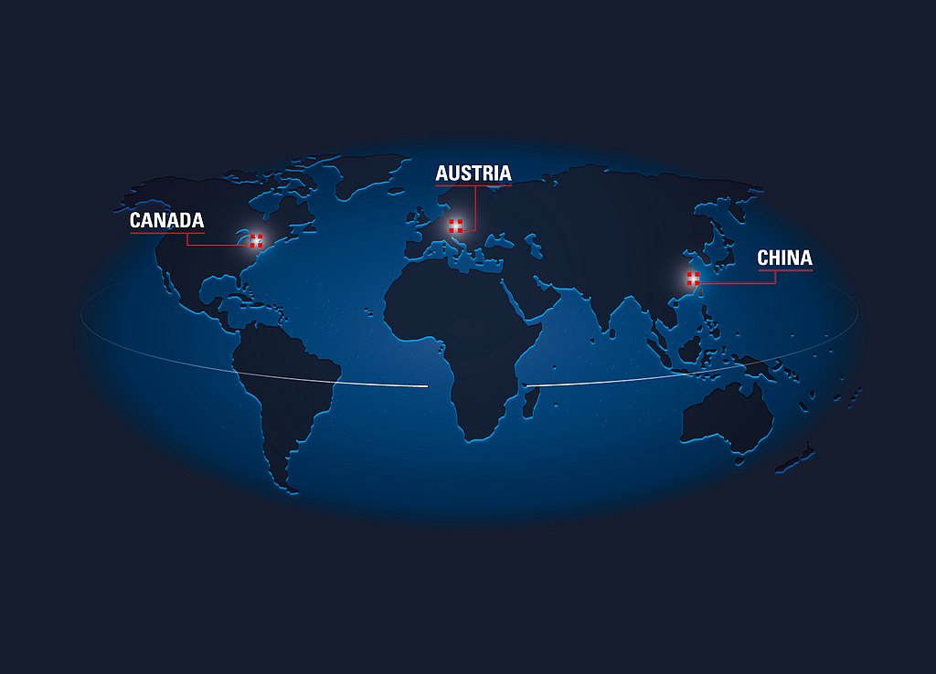 World map showing Diamond Aircraft facilities in Canada, Austria and China. 