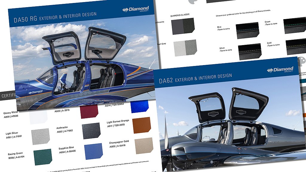The image presents two brochures for Diamond Aircraft, focusing on the stylish exterior and interior design options available for each model.