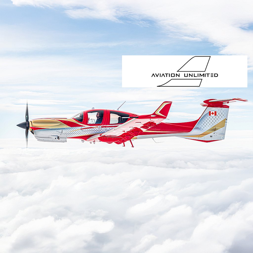 A DA50 RG in a special red, silver and gold design soars above the clouds. 