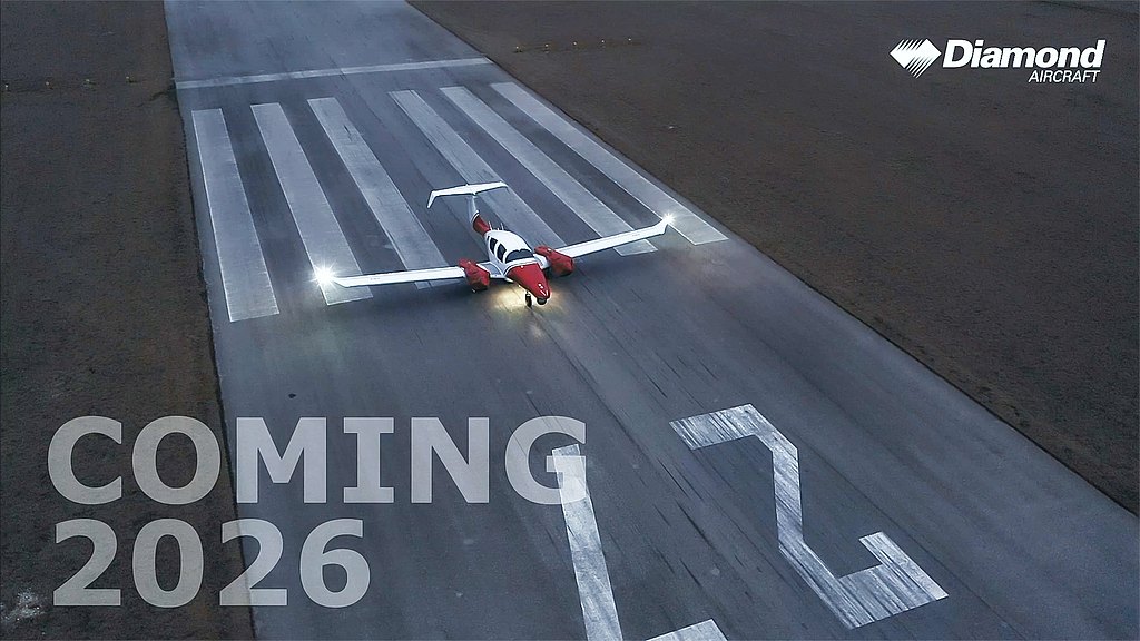 A red and white DA62 MPP aircraft is positioned on a runway, illuminated by its lights, with the text 'COMING 2026' prominently displayed.
