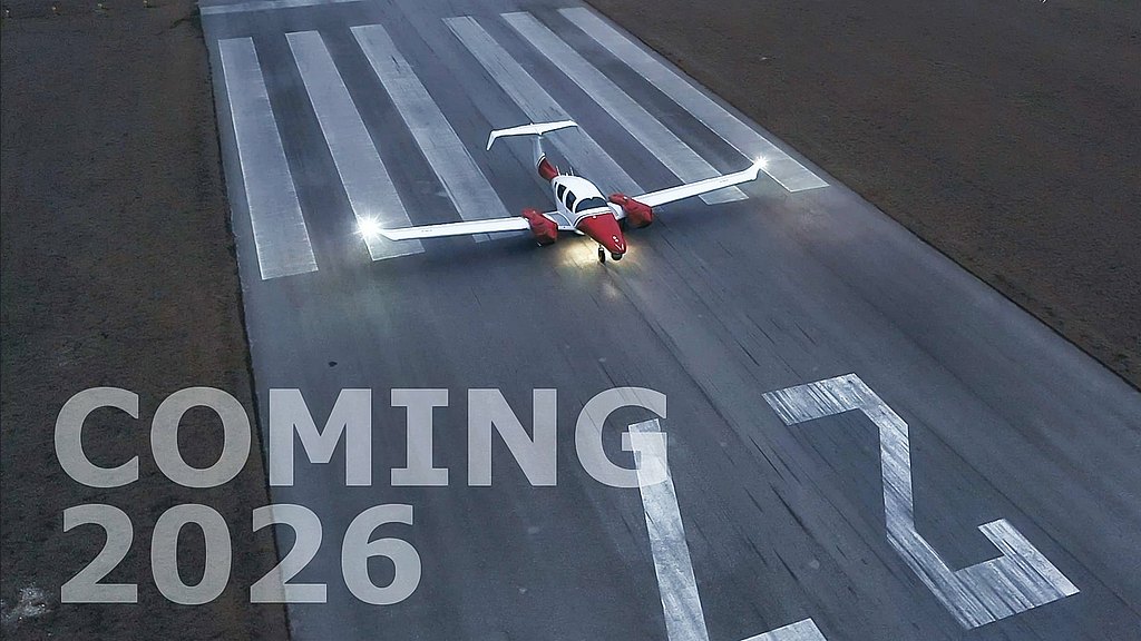 A red and white DA62 MPP aircraft is positioned on a runway, illuminated by its lights, with the text 'COMING 2026' prominently displayed.